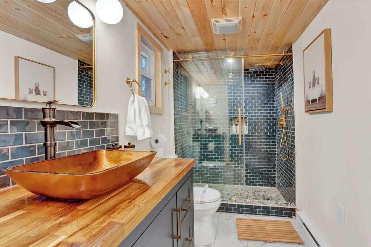 Shower, hair dryer, shampoo