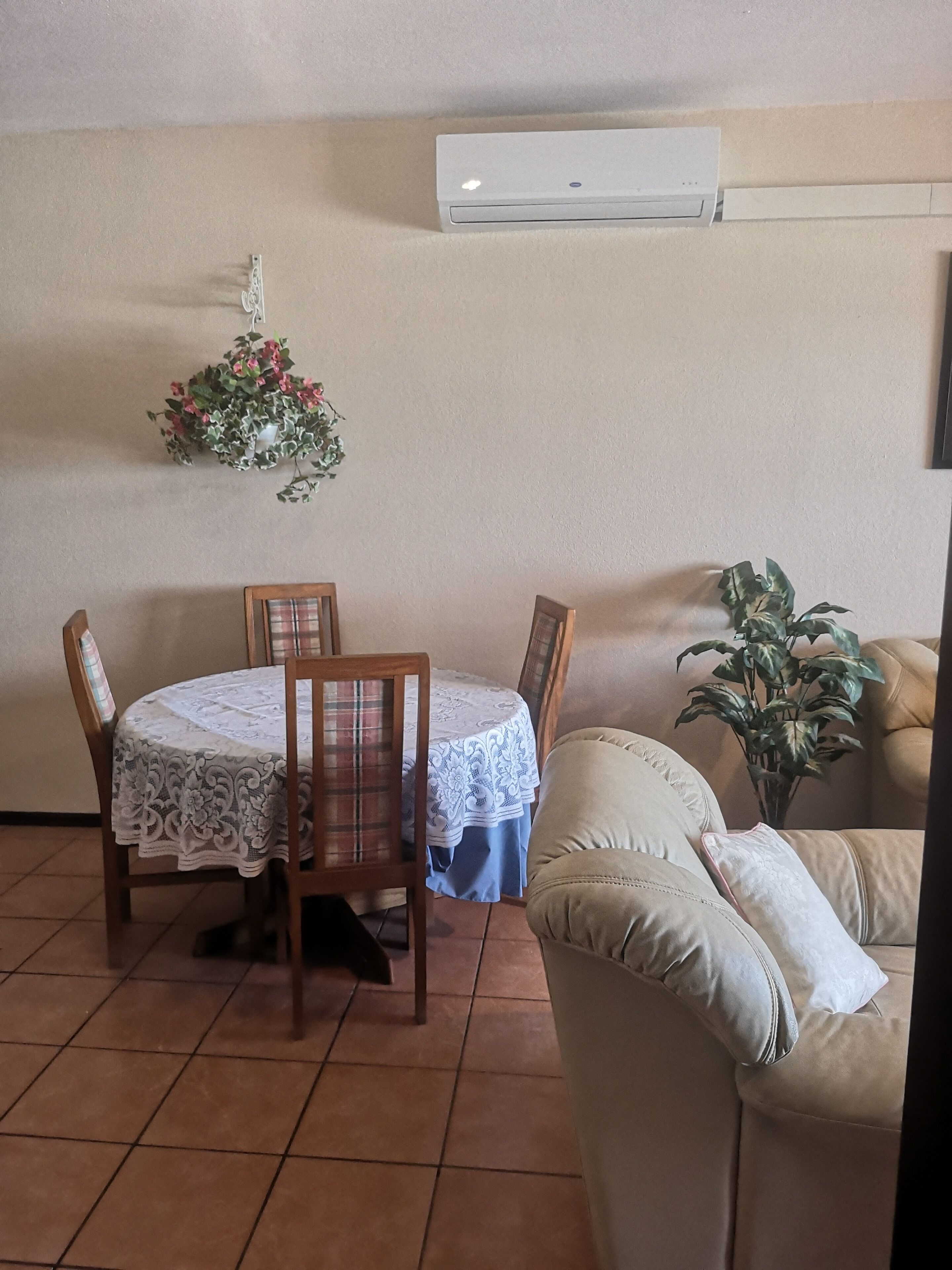 A dining area with a round table, chairs, and a hanging plant.