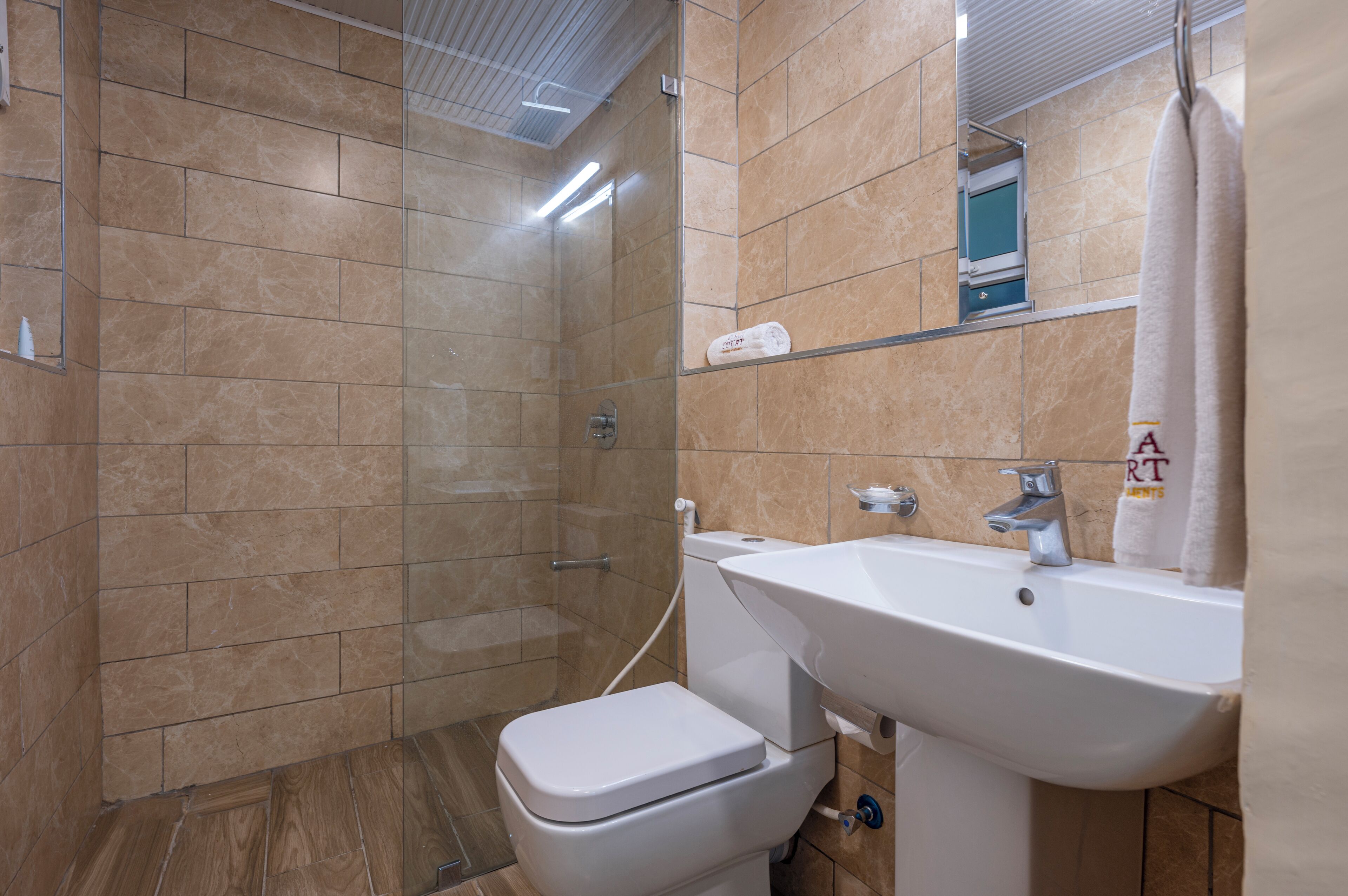 A modern bathroom with a glass-enclosed shower, a white toilet, and a sink with a mirror above it.