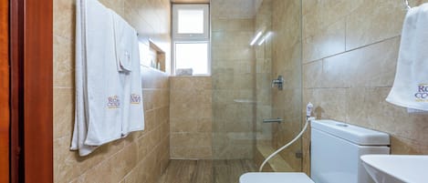 A bathroom with a shower, toilet, and a window.