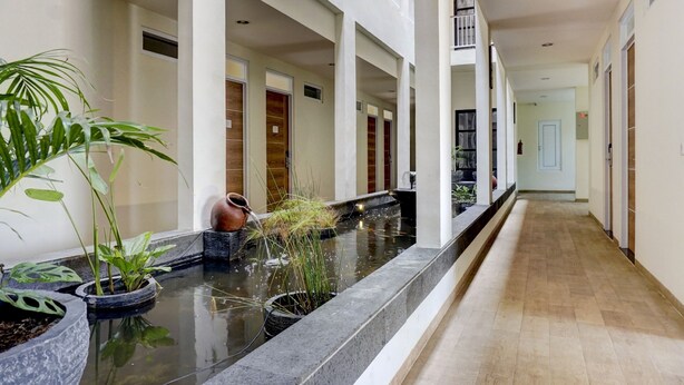 Un pasillo con una fuente, plantas en macetas y una larga galería de puertas.