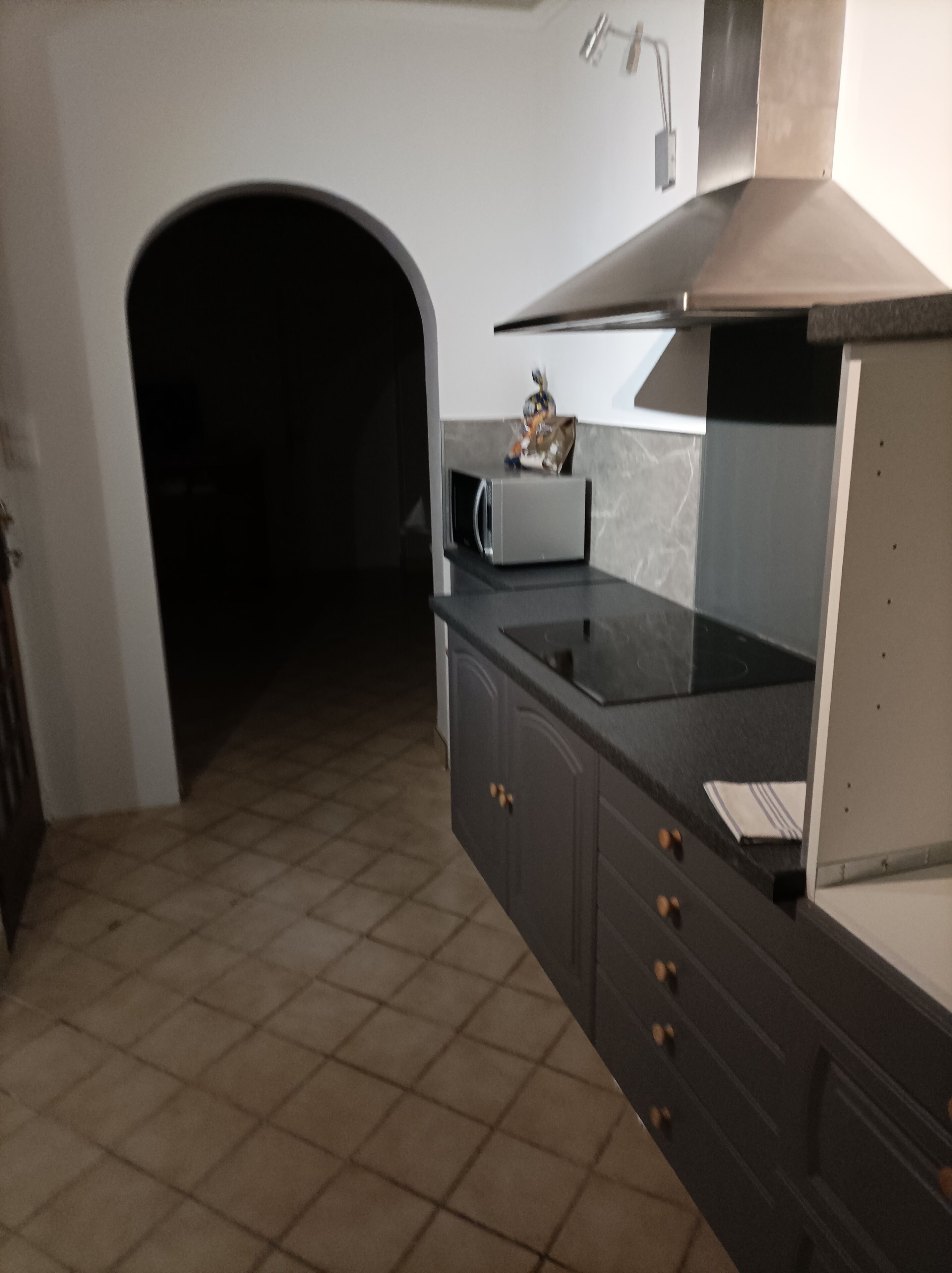 A kitchen with a tiled floor, a microwave, and a stainless steel range hood.