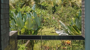 Blick durch ein Fenster auf einen üppigen Garten mit verschiedenen Pflanzen und Bäumen, darunter Palmen und Pflanzen mit großen Blättern.