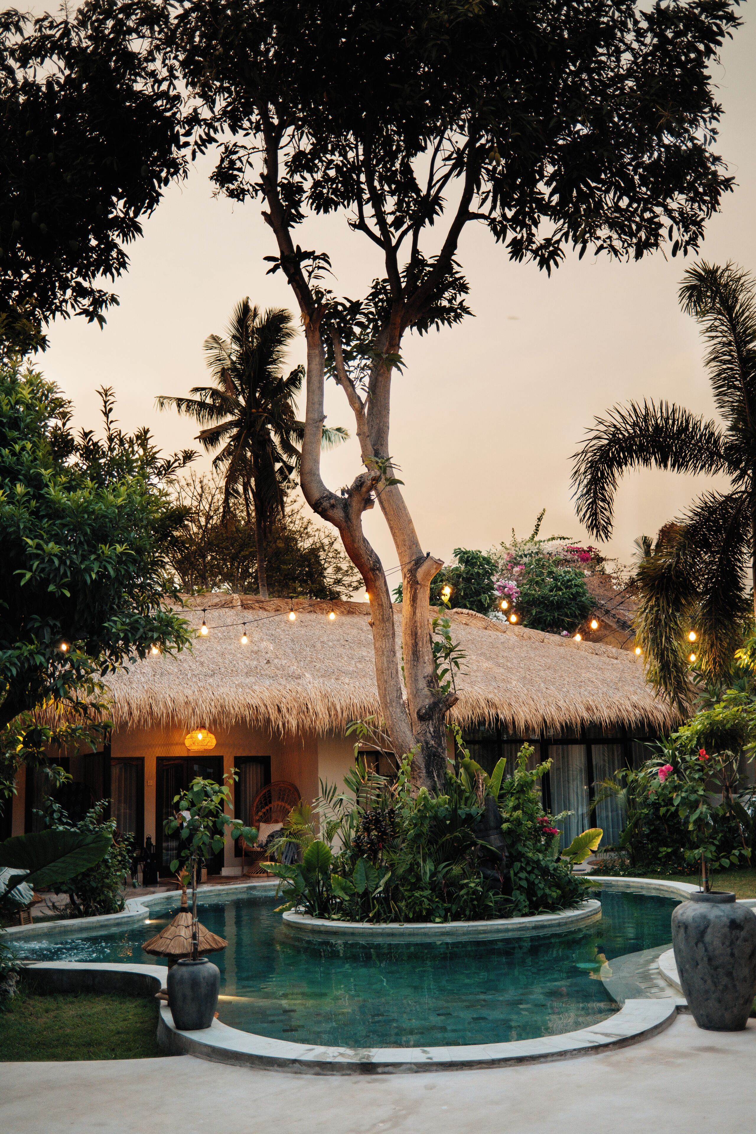 Un área de piscina con una estructura de techo de paja, rodeada de plantas y árboles tropicales.