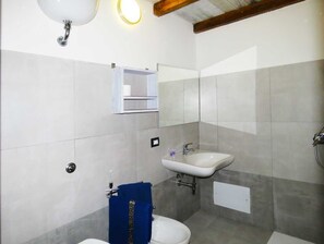 Hair dryer, bidet, towels, soap