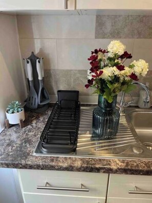 A kitchen with a stainless steel sink, a black drying rack, a vase with flowers, and a potted plant. - Central  London | Walk to Soho, Oxford St & Shops (Greater London)