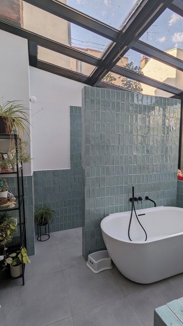 Shower, towels, toilet paper