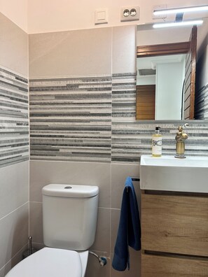 Douche, séchoir à cheveux, serviettes fournies, papier de toilette