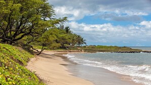 A beach with a sandy shore, green vegetation, and a calm sea under a partly cloudy sky.