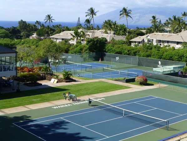 Una cancha de tenis con red, rodeada de follaje y palmeras, con vista al océano y edificios al fondo.