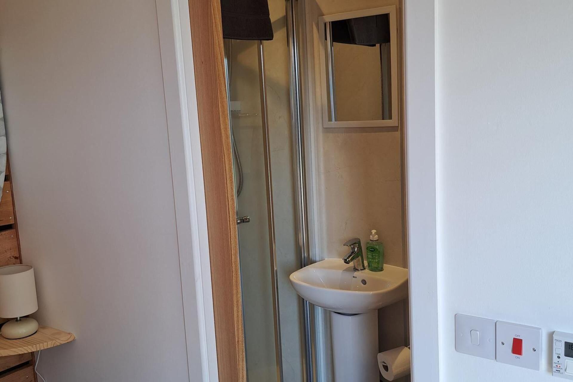 A bathroom with a glass shower enclosure, a white sink, and a mirror above it.