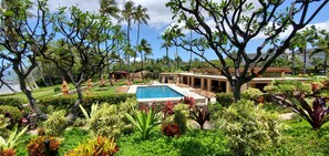 A pool area with a clear view of the ocean, surrounded by lush greenery and palm trees.