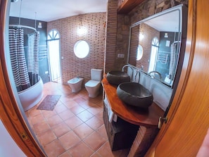 Hair dryer, bidet, towels, soap