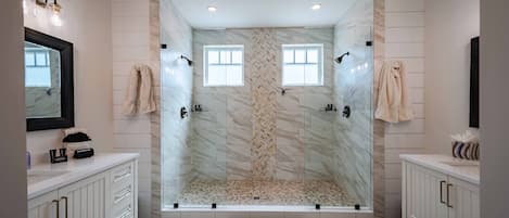 Hair dryer, towels, soap, shampoo