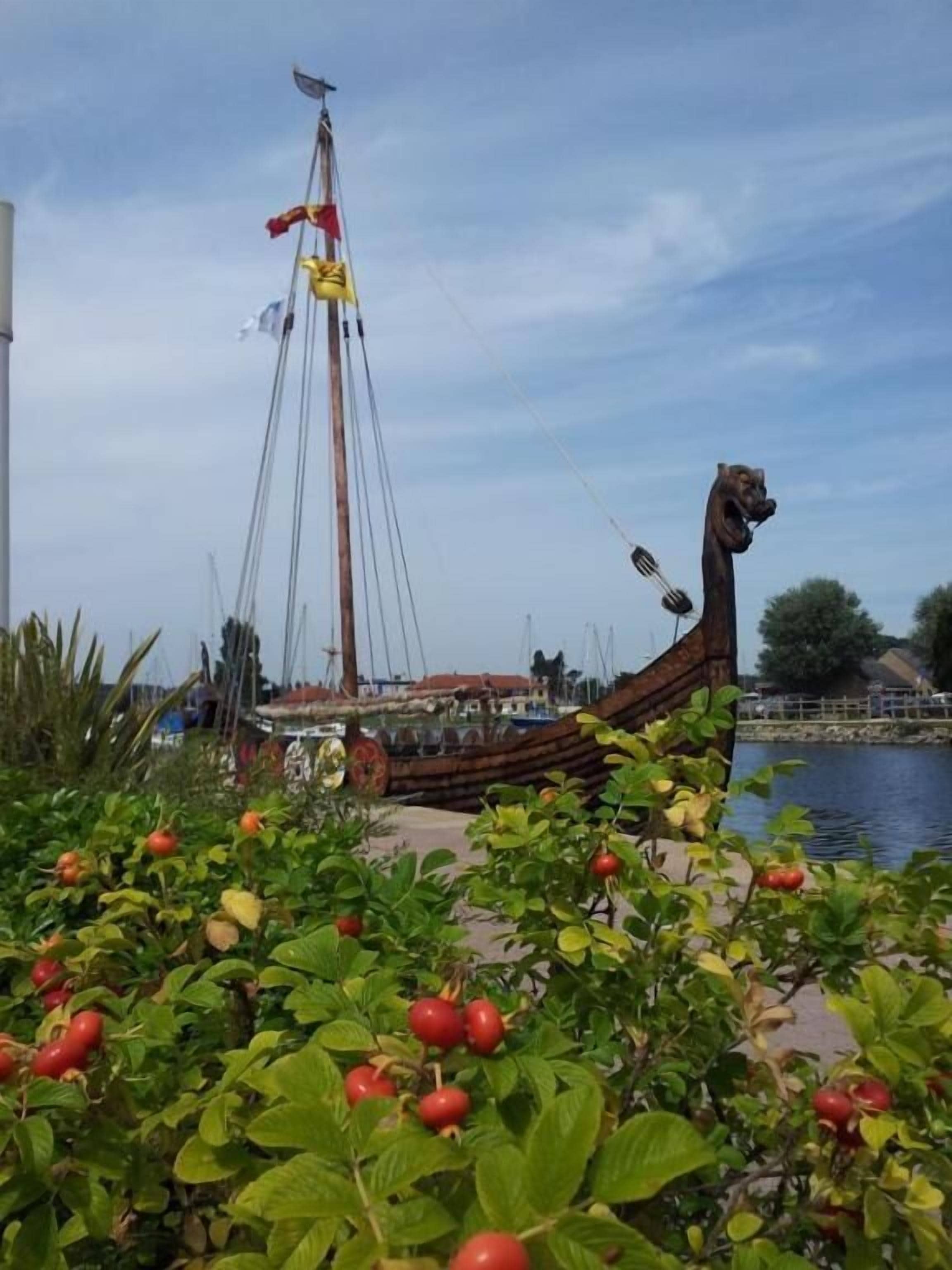 Una escultura de un barco vikingo en un parque, con cerezos en primer plano.