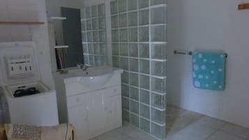 Chuveiro, secador de cabelo, sabonete, papel higiênico