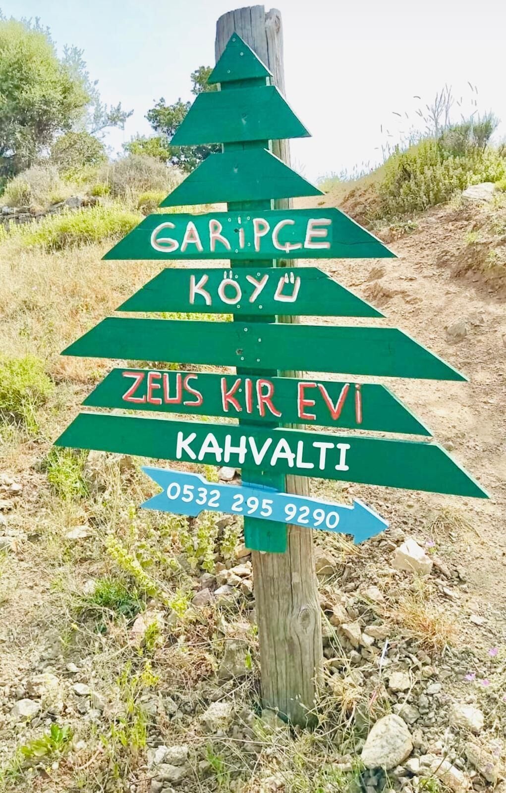A directional sign with multiple arrows pointing in different directions, each labeled with names and a phone number.