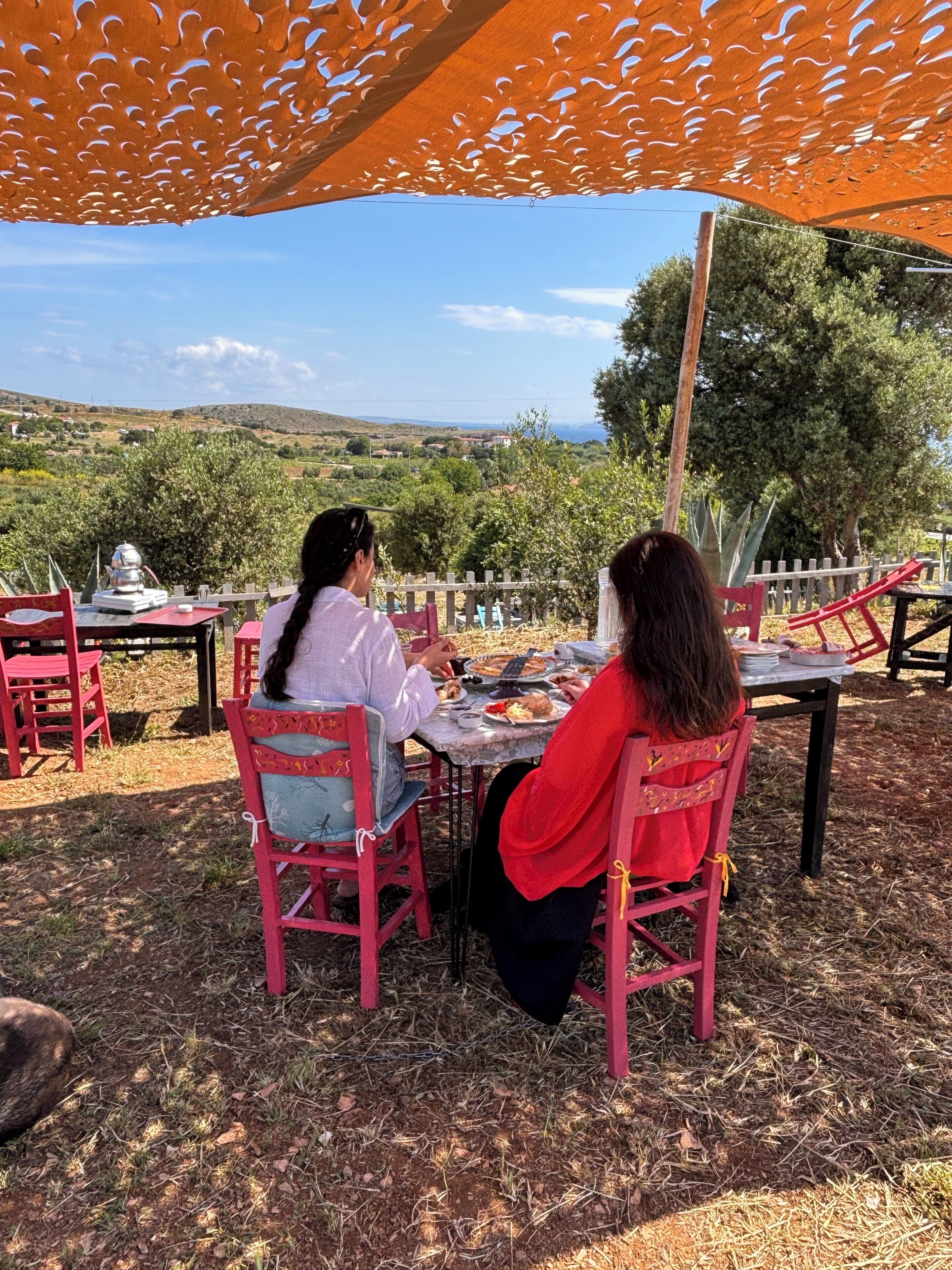 Deux personnes dînent à une table en plein air, avec vue sur un paysage vallonné.