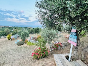 A garden with a wooden deck, a white fence, and a signpost with multiple names. - Zeus kır evi (Bozcaada)