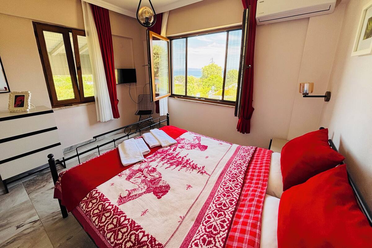 Une chambre à coucher avec un lit, un bureau, une chaise, un téléviseur et une fenêtre avec des rideaux.