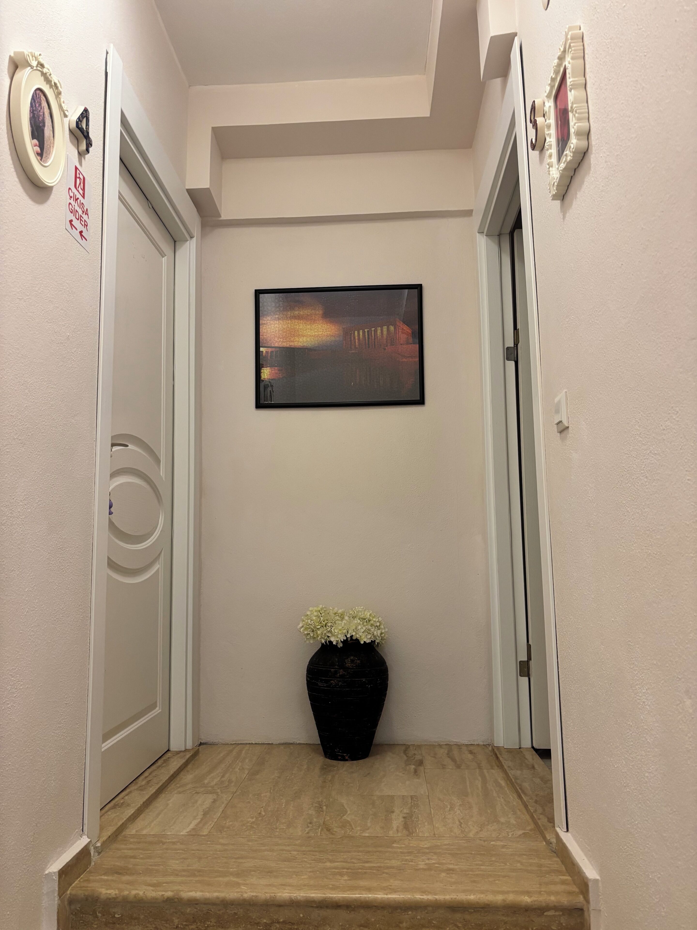 Um corredor com um quadro na parede, um vaso preto com flores brancas e uma porta com uma placa.
