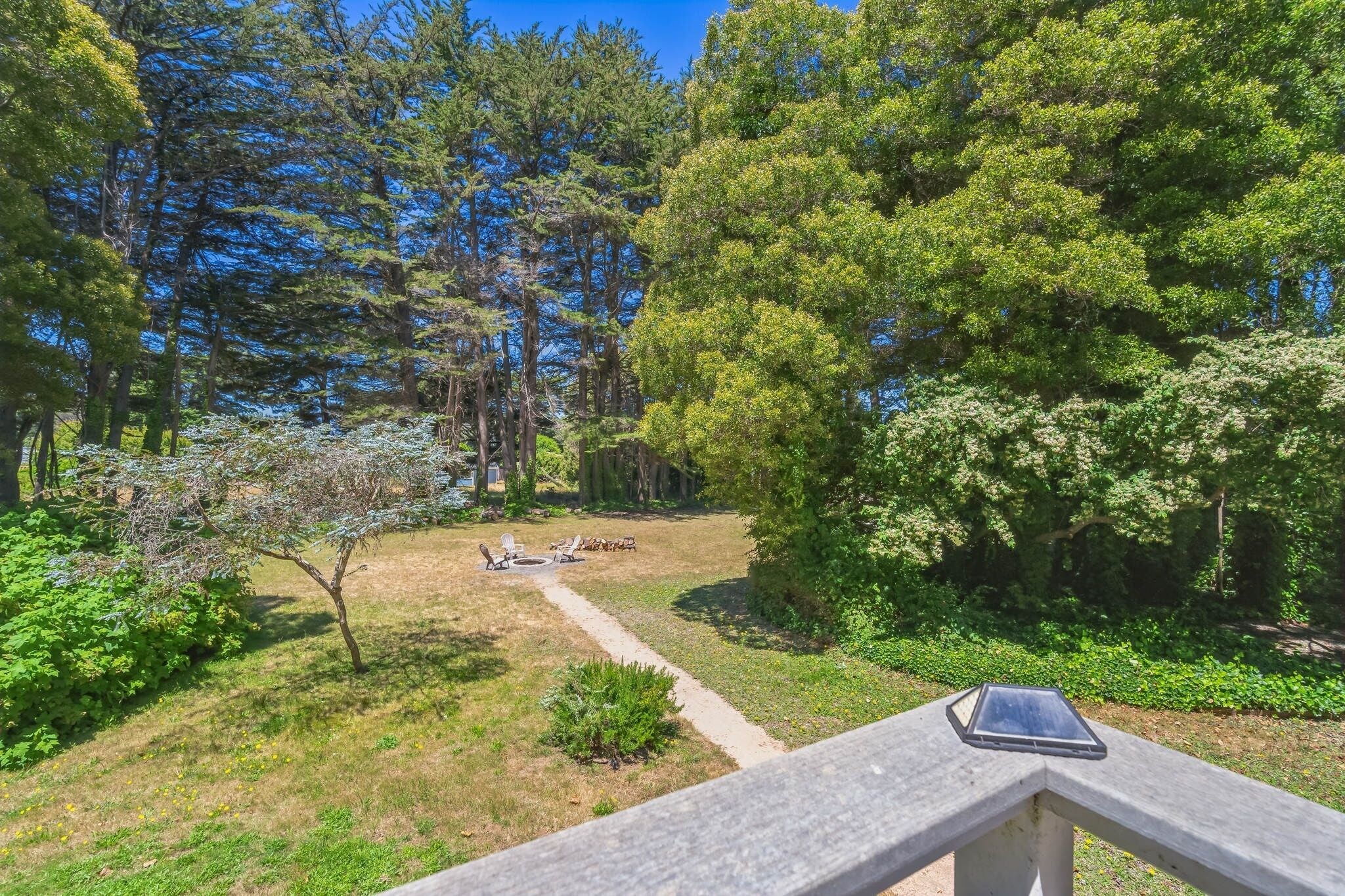 A view of a garden area with a paved path, benches, and a tablet on a railing.