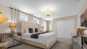 A spacious bedroom with a large bed, a chandelier, and a view of the outside. - 7 Bedrooms Storey Lake Resort Home (Kissimmee)