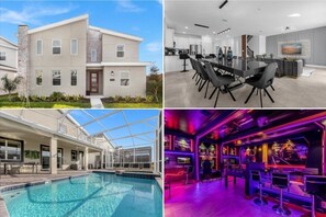 A modern house with a pool, a dining area, and a bar/lounge area. - 9 Bedroom Champions Gate Home by RedAwning (Davenport)