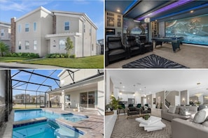 A modern two-story house with a swimming pool, a game room, and a spacious living area with a fireplace.