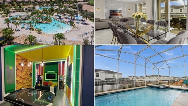 A pool area with a view of the surrounding landscape, a dining area with a glass table, a colorful arcade room, and a pool with a glass enclosure.