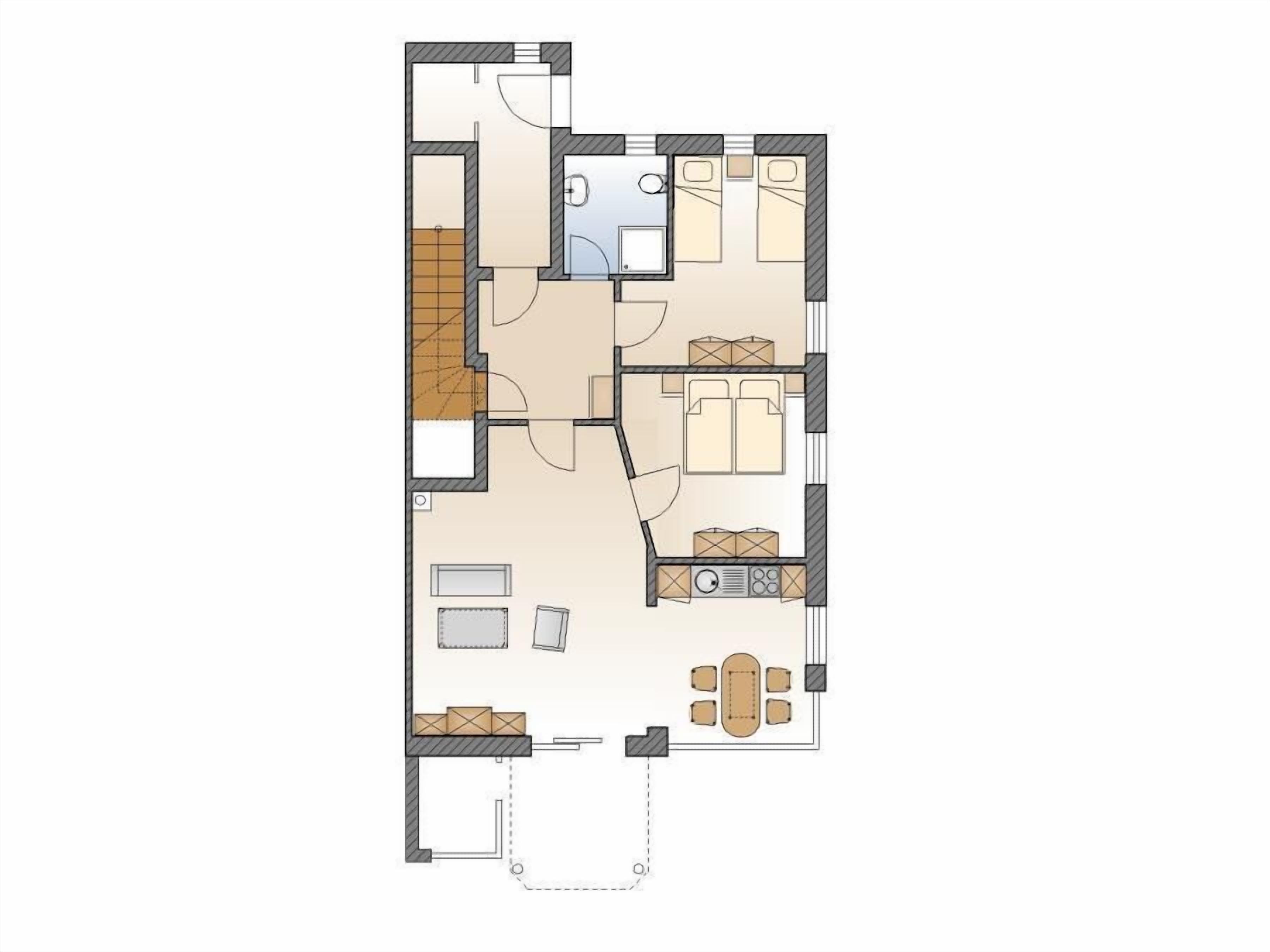 Plano de un cuarto de hotel con baño, sala de estar con sofá y mesa de comedor, y zona de cocina.