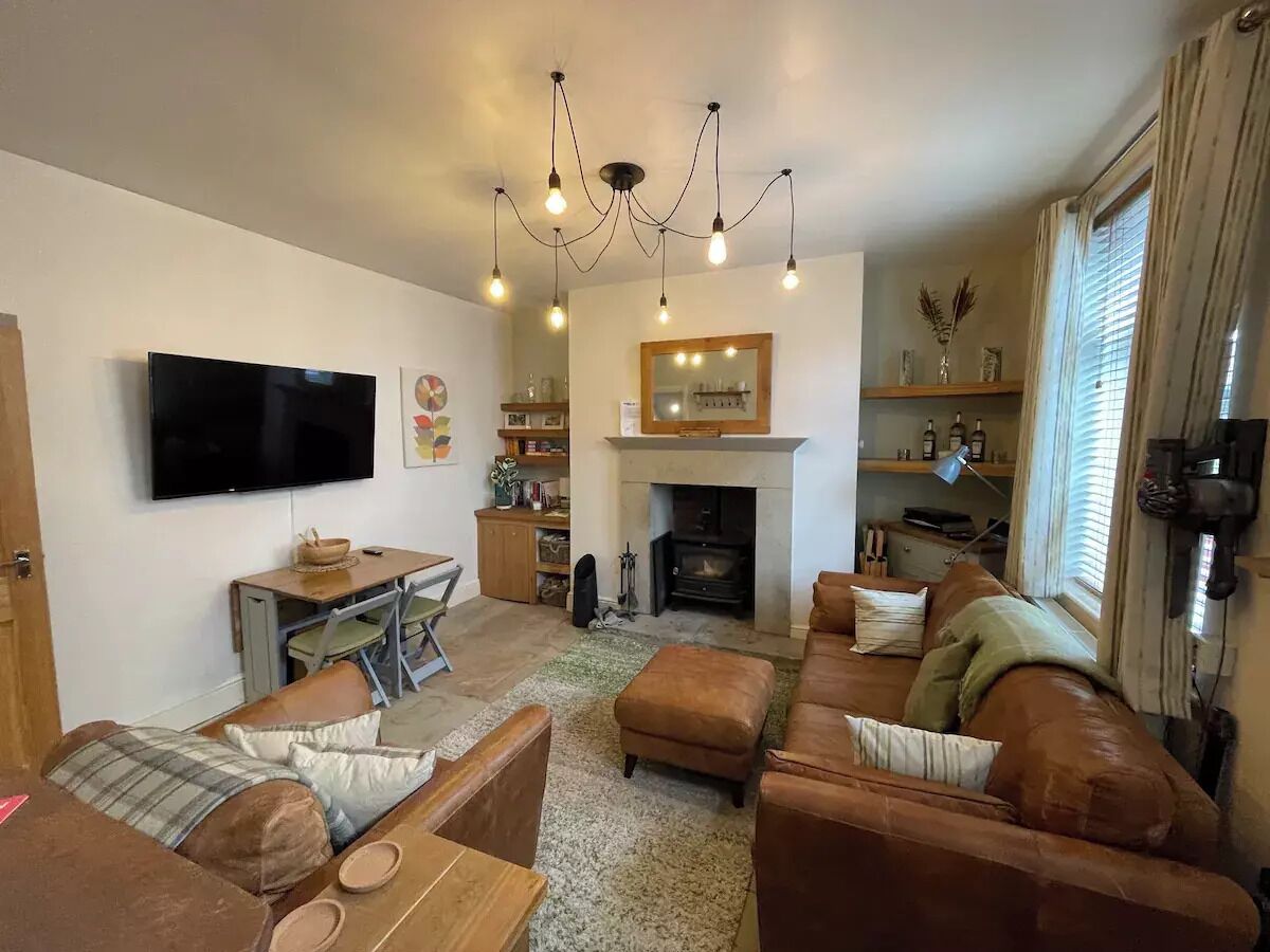 TV, fireplace, books