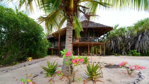 A beach house with a thatched roof, surrounded by tropical plants and a sandy beach. - Simply Saadani Camp (Mkwaja)