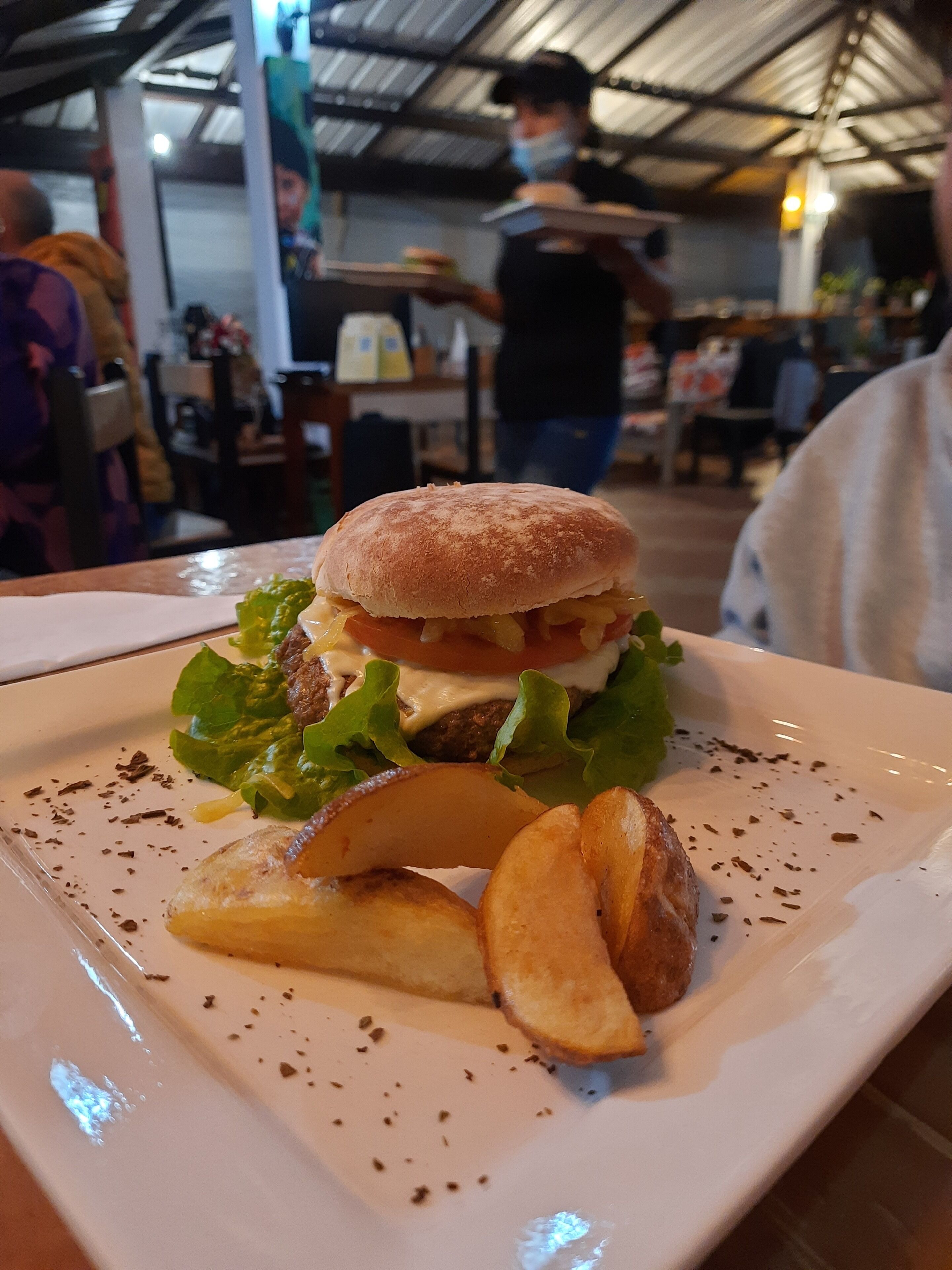 A plate with a burger, fries, and a salad.