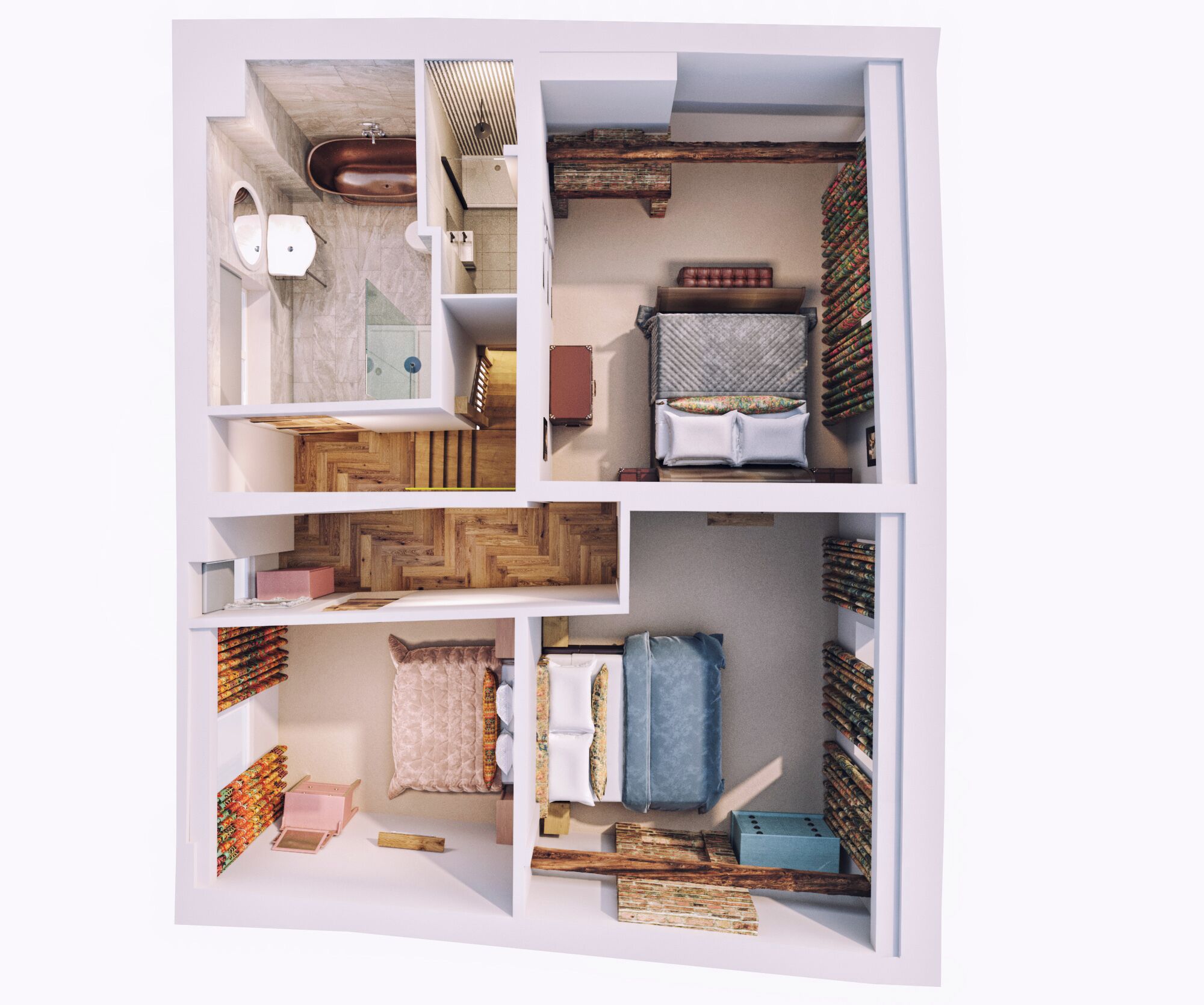 A multi-level interior with a bathroom on the top floor, a bedroom with a bed and a wardrobe, and a living area with a sofa and a coffee table.