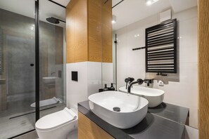 Estudio Gallery, 1 cama de matrimonio con sofá cama | Baño | Ducha, secador de pelo, toallas y jabón
