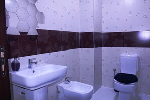 Douche, sèche-cheveux, bidet, serviettes fournies