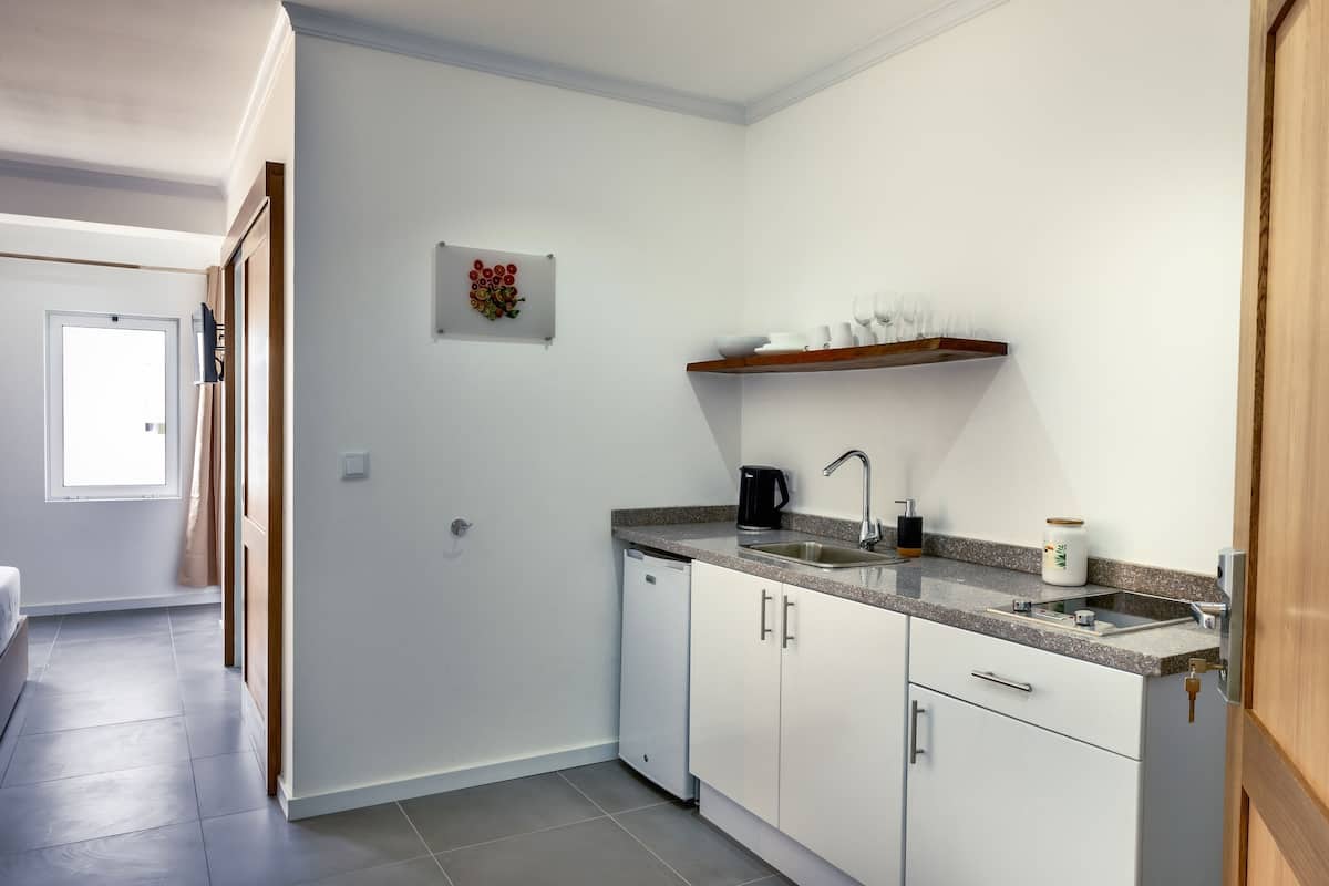 Mini-fridge, electric kettle, cookware/dishes/utensils