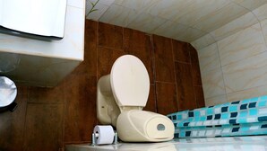Une salle de bain équipée de toilettes, d’un lavabo et d’un rideau de douche à motifs.