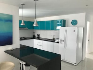 Apartamento | Cozinha privada | Geladeira, micro-ondas, lava-louças, chaleira elétrica