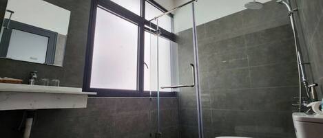 A modern bathroom with a glass shower enclosure, a toilet, and a vanity with a mirror.