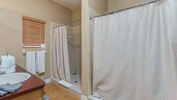 Shower, hair dryer, shampoo
