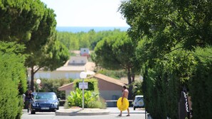 A residential street with houses, a car, and a person carrying a yellow object.