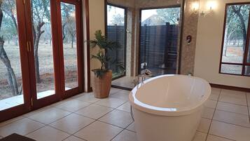 Separate tub and shower, deep soaking tub, rainfall showerhead