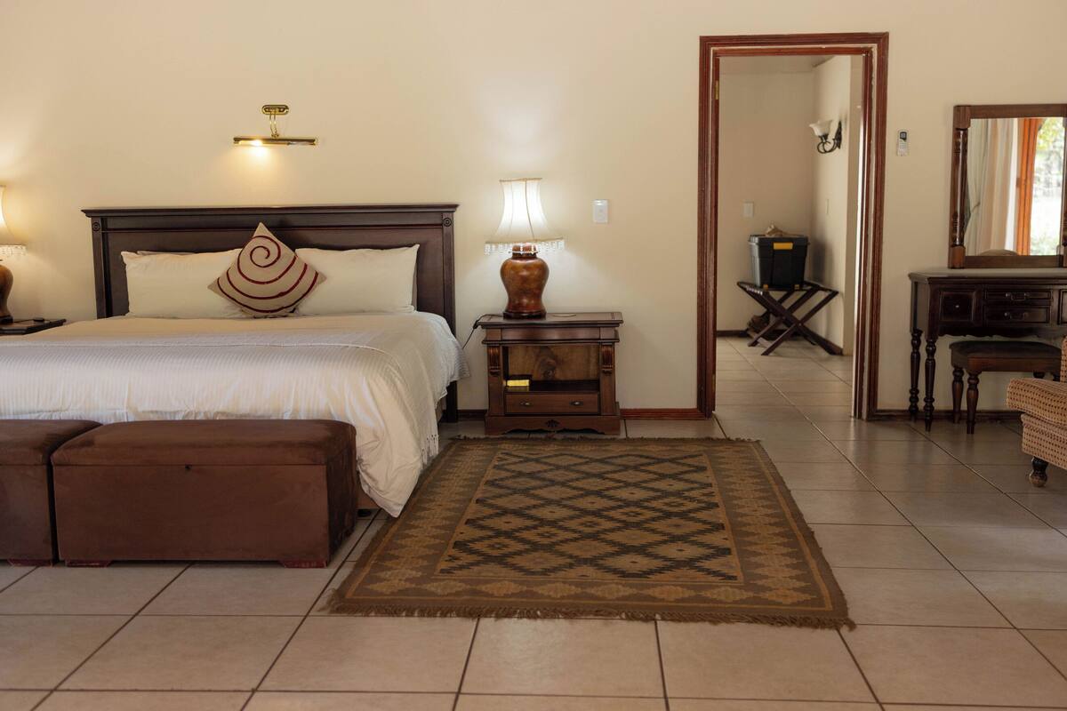 A bedroom with a bed, bedside tables, a nightstand, a mirror, a dresser, and a patterned rug.