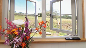A window with a view of a grassy field and trees, a remote control on the windowsill, and a vase with flowers. - Bosulla Shepherds Hut (Penzance)