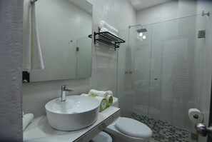 Secadora de cabello, toallas, jabón, papel de baño 