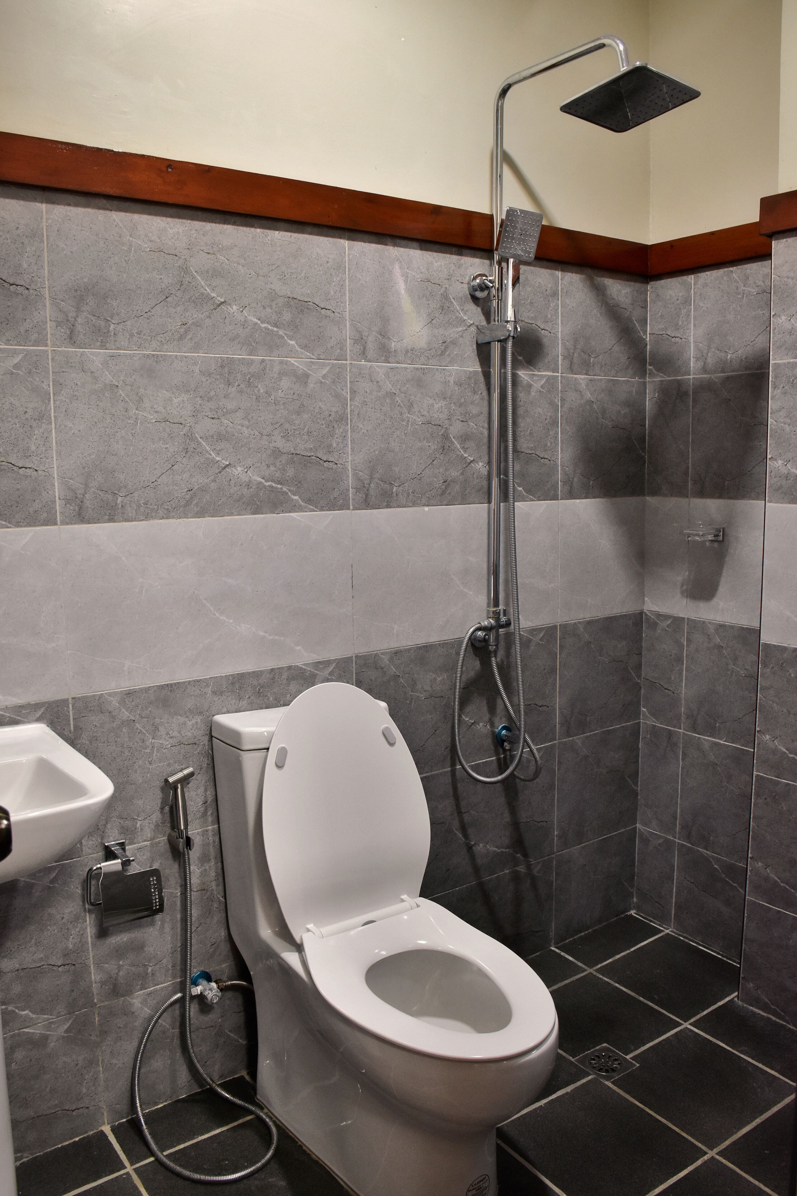 Un baño con inodoro, ducha y lavamanos.