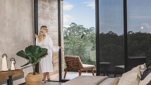 A modern room with a large window, a wooden chair, a sofa, and a plant. - Xambé  (Tulum)