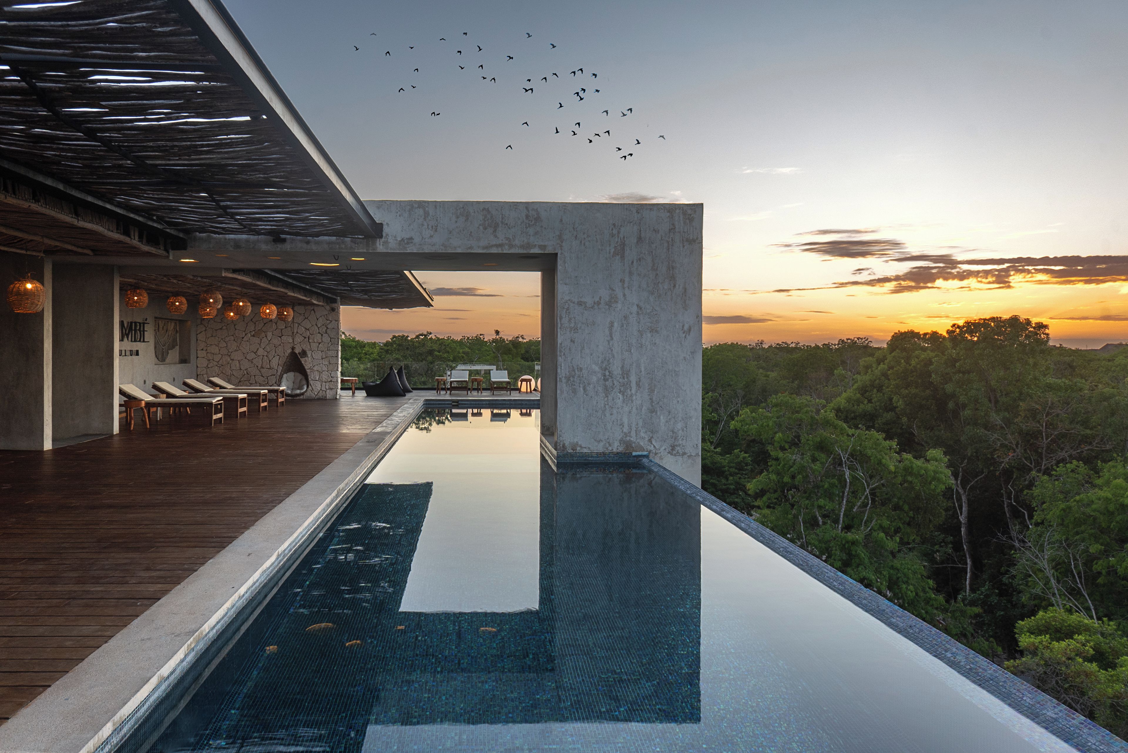 A modern infinity pool with a clear view of the sky and trees, a wooden deck with lounge chairs, and a stone wall.
